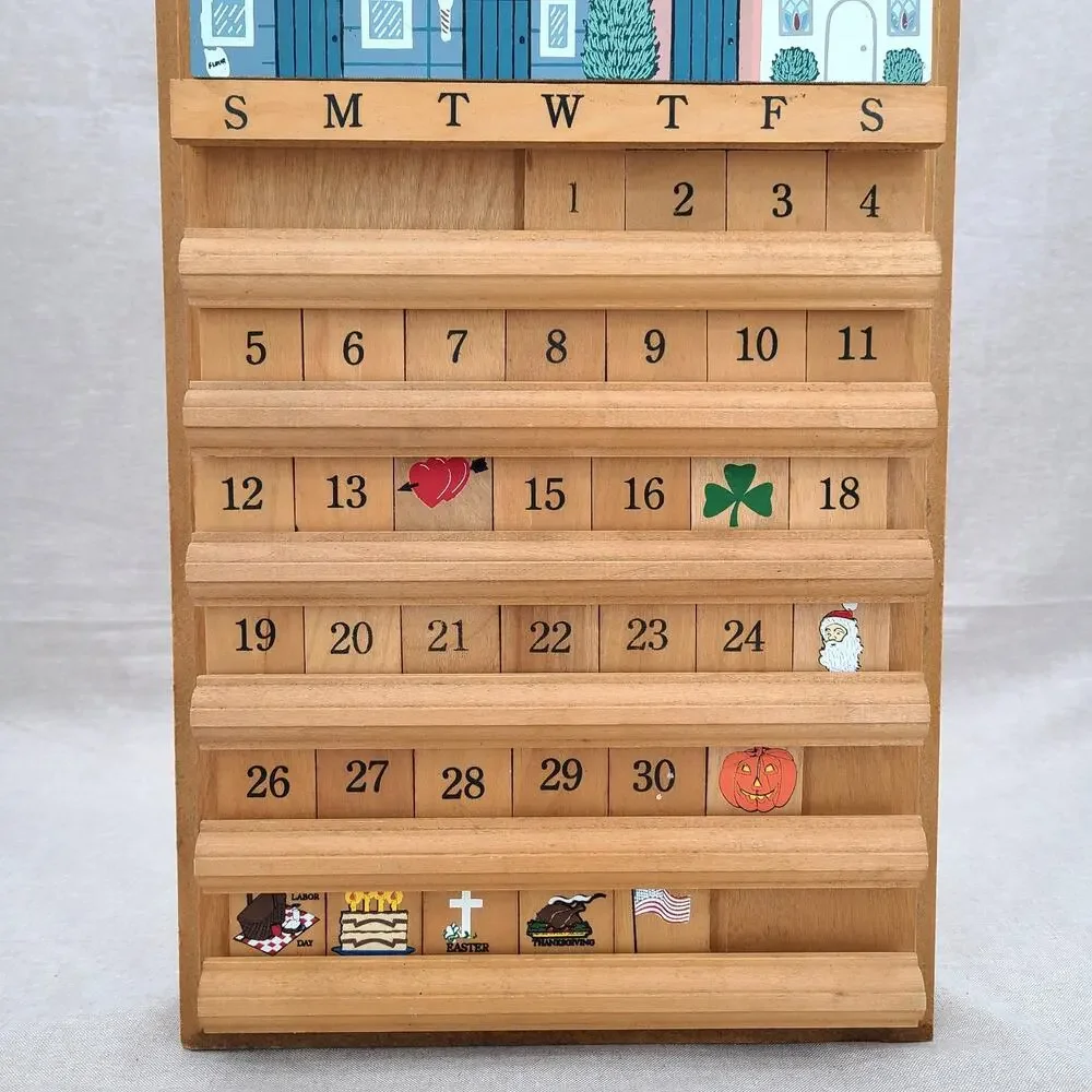 Vtg Wood Perpetual Calendar Complete Cottage Grannycore 80s 90s Farmhouse Tiles